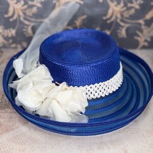 Estate Royal Blue Kentucky Derby Wide Brim Hat Mesh Floral Feather
